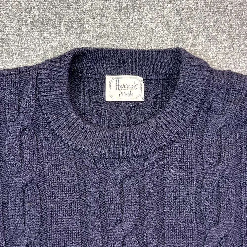Harrods By Pringle Sweater Mens 2XL Blue 100% Lambswool Cable Knit Scotland
